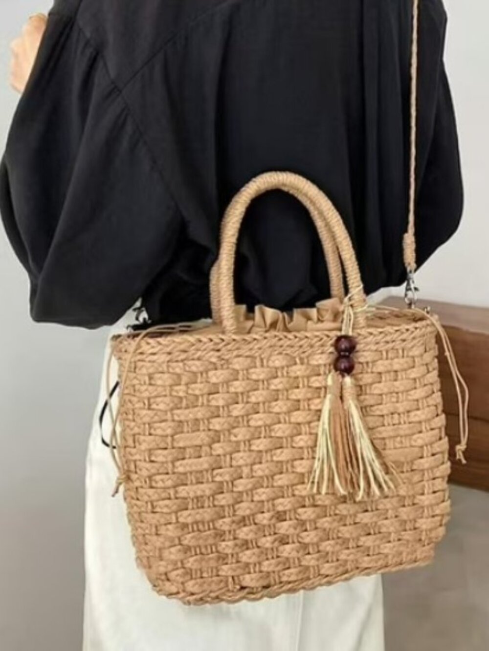 Woven Straw Rattan Tote Bag with Tassel Charm & Detachable Crossbody Strap